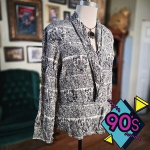 Vintage 90s YL by Yair Silk Toile Print Blouse‎ Draped Scarf Neck Baroque Top